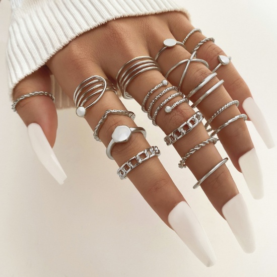 Picture of Retro Open Adjustable Knuckle Band Midi Rings Silver Tone X Shape 18mm(US Size 7.75) - 16mm(US size 5.25), 1 Set ( 18 PCs/Set)