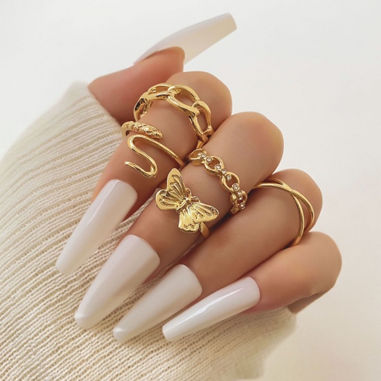 Picture of Retro Open Adjustable Knuckle Band Midi Rings Gold Plated Snake Animal Butterfly Clear Rhinestone 18mm(US Size 7.75) - 16mm(US size 5.25), 1 Set ( 5 PCs/Set)