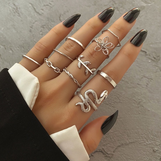 Picture of Retro Open Adjustable Knuckle Band Midi Rings Silver Tone Link Chain Snake 18mm(US Size 7.75) - 16mm(US size 5.25), 1 Set ( 10 PCs/Set)