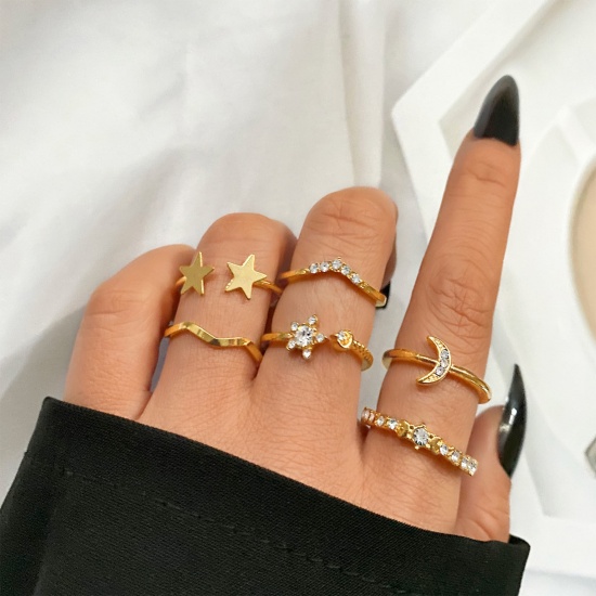 Picture of Retro Open Adjustable Knuckle Band Midi Rings Gold Plated Pentagram Star Moon Clear Rhinestone 18mm(US Size 7.75) - 16mm(US size 5.25), 1 Set ( 6 PCs/Set)