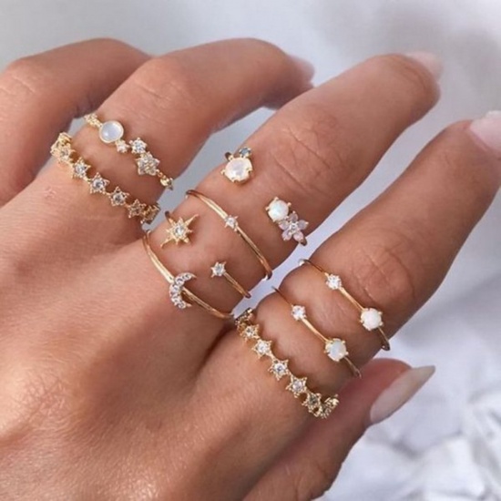 Picture of Stylish Open Adjustable Knuckle Band Midi Rings Gold Plated Half Moon Star Clear Rhinestone 21mm(US Size 11.5) - 18mm(US Size 7.75), 1 Set ( 9 PCs/Set)