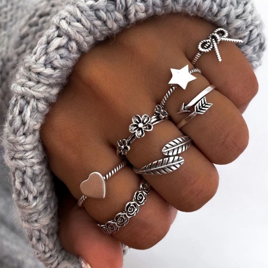 Picture of Stylish Open Adjustable Knuckle Band Midi Rings Antique Silver Color Heart Flower Leaves 21mm(US Size 11.5) - 18mm(US Size 7.75), 1 Set ( 7 PCs/Set)