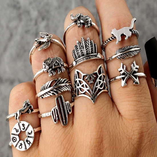 Picture of Stylish Open Adjustable Knuckle Band Midi Rings Antique Silver Color Cat Animal Cactus 21mm(US Size 11.5) - 18mm(US Size 7.75), 1 Set ( 12 PCs/Set)