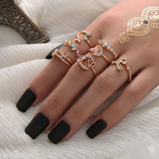 Picture of Stylish Open Adjustable Knuckle Band Midi Rings Gold Plated Butterfly Animal Moon Clear Rhinestone 21mm(US Size 11.5) - 18mm(US Size 7.75), 1 Set ( 7 PCs/Set)