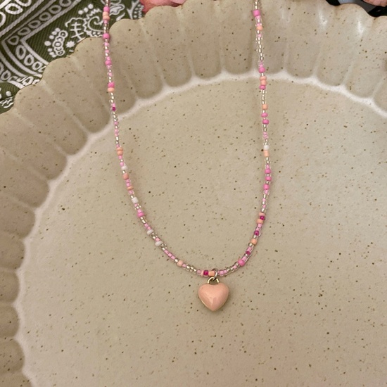 Picture of Acrylic Boho Chic Bohemia Beaded Necklace Pink Heart Enamel 40cm(15 6/8") long, 1 Piece