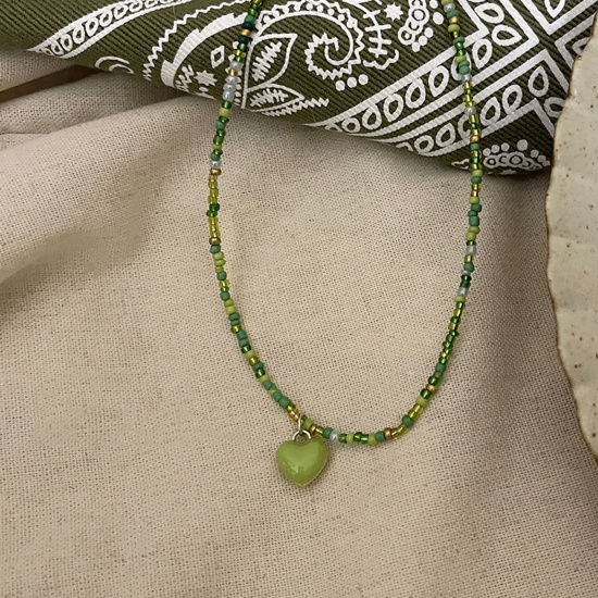 Picture of Acrylic Boho Chic Bohemia Beaded Necklace Green Heart Enamel 40cm(15 6/8") long, 1 Piece