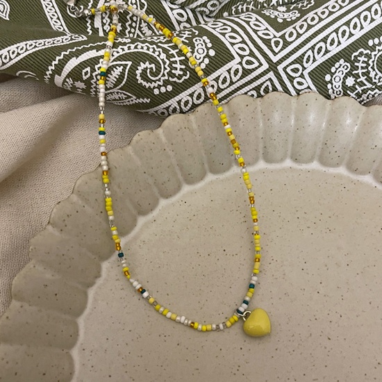 Picture of Acrylic Boho Chic Bohemia Beaded Necklace Yellow Heart Enamel 40cm(15 6/8") long, 1 Piece