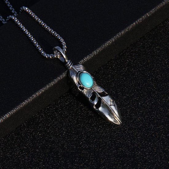 Picture of Boho Chic Bohemia Pendant Necklace Antique Silver Color Feather With Resin Cabochons Imitation Turquoise 70cm(27 4/8") long, 1 Piece