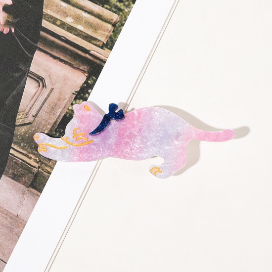 Picture of Acrylic Cute Alligator Hair Clips Pale Lilac Cat Animal Galaxy Universe Glitter 9cm x 4cm, 1 Piece