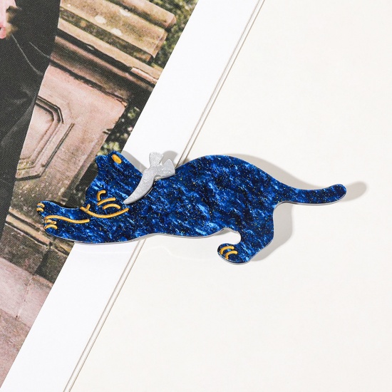 Picture of Acrylic Cute Alligator Hair Clips Royal Blue Cat Animal Galaxy Universe Glitter 9cm x 4cm, 1 Piece
