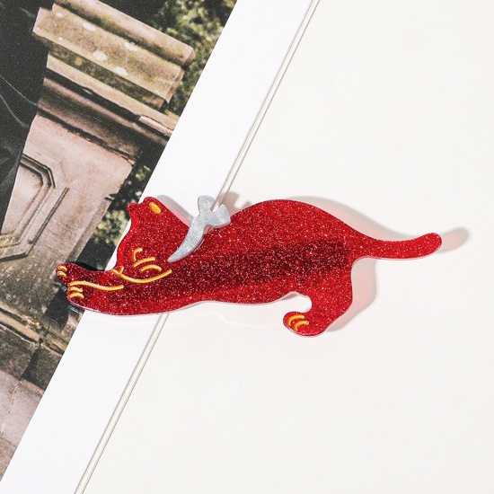 Picture of Acrylic Cute Alligator Hair Clips Red Cat Animal Galaxy Universe Glitter 9cm x 4cm, 1 Piece
