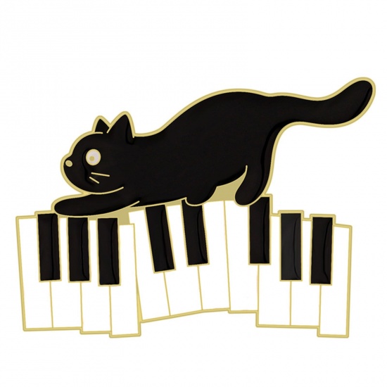 Picture of Cute Pin Brooches Cat Animal Piano Black & White Enamel 3cm x 2.1cm, 1 Piece
