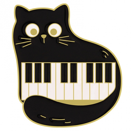 Picture of Cute Pin Brooches Cat Animal Piano Black & White Enamel 3cm x 2.6cm, 1 Piece