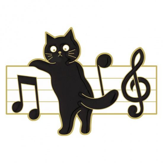 Picture of Cute Pin Brooches Cat Animal Musical Note Black & White Enamel 3cm x 2.2cm, 1 Piece