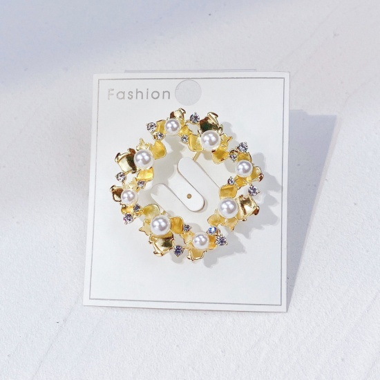 Picture of Exquisite Pin Brooches Flower Gold Plated Imitation Pearl 4.4cm x 4.1cm, 1 Piece