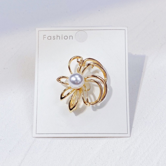 Picture of Exquisite Pin Brooches Flower Gold Plated Imitation Pearl 3.6cm x 3.1cm, 1 Piece