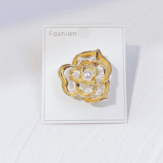 Picture of Exquisite Pin Brooches Flower Gold Plated Imitation Pearl 3.7cm x 3.6cm, 1 Piece