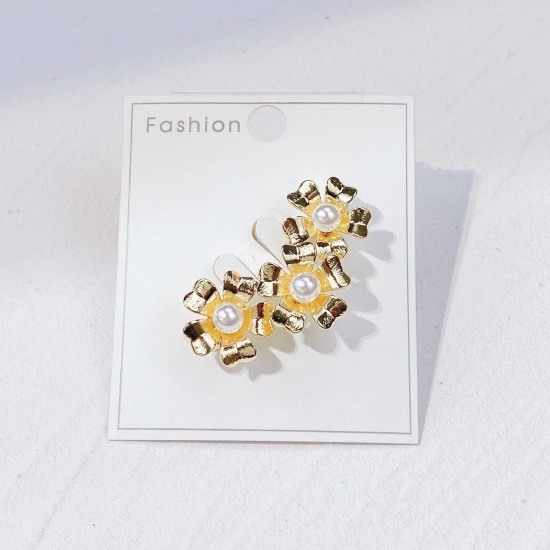 Picture of Exquisite Pin Brooches Flower Gold Plated Imitation Pearl 4.4cm x 2.4cm, 1 Piece