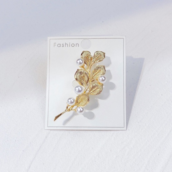 Picture of Exquisite Pin Brooches Flower Gold Plated Imitation Pearl 6cm x 2.4cm, 1 Piece