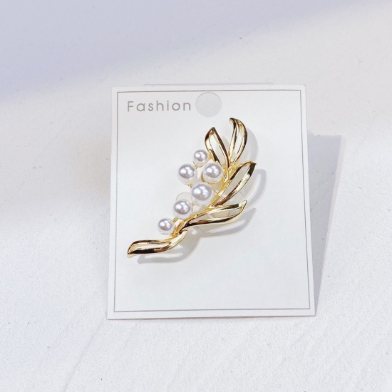 Picture of Exquisite Pin Brooches Flower Gold Plated Imitation Pearl 5.3cm x 2.2cm, 1 Piece
