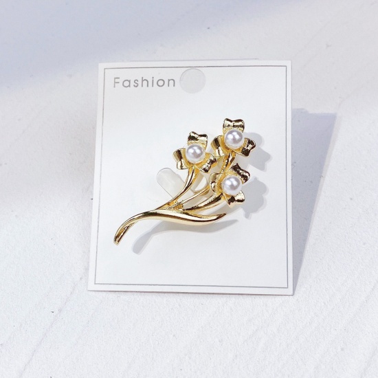 Picture of Exquisite Pin Brooches Flower Gold Plated Imitation Pearl 5cm x 2.2cm, 1 Piece