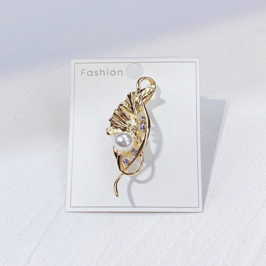 Picture of Exquisite Pin Brooches Flower Leaves Gold Plated Imitation Pearl 5.6cm x 1.9cm, 1 Piece