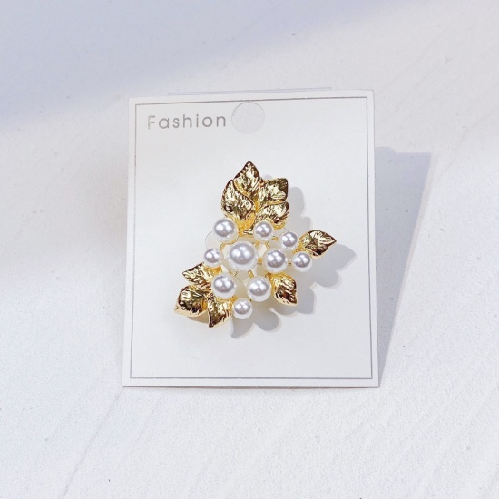 Picture of Exquisite Pin Brooches Flower Leaves Gold Plated Imitation Pearl 3.9cm x 2.9cm, 1 Piece