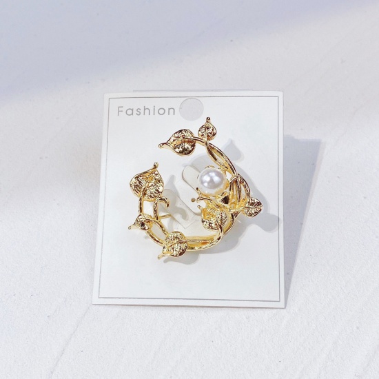 Picture of Exquisite Pin Brooches Flower Leaves Gold Plated Imitation Pearl 3.9cm x 3.5cm, 1 Piece