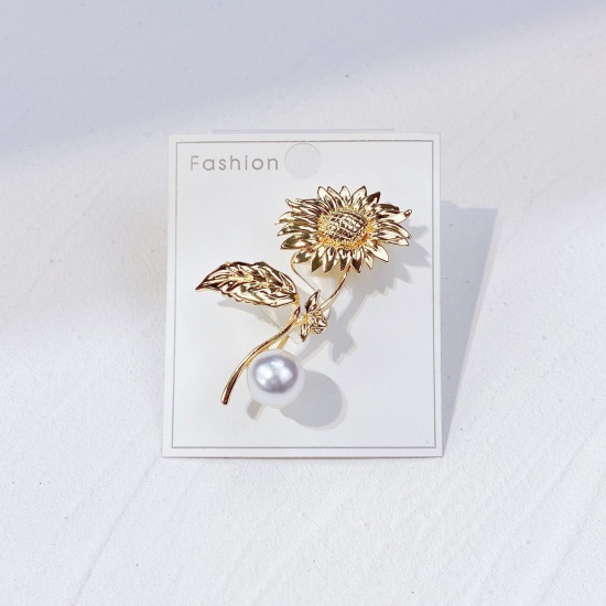 Picture of Exquisite Pin Brooches Flower Leaves Gold Plated Imitation Pearl 5.6cm x 3.5cm, 1 Piece