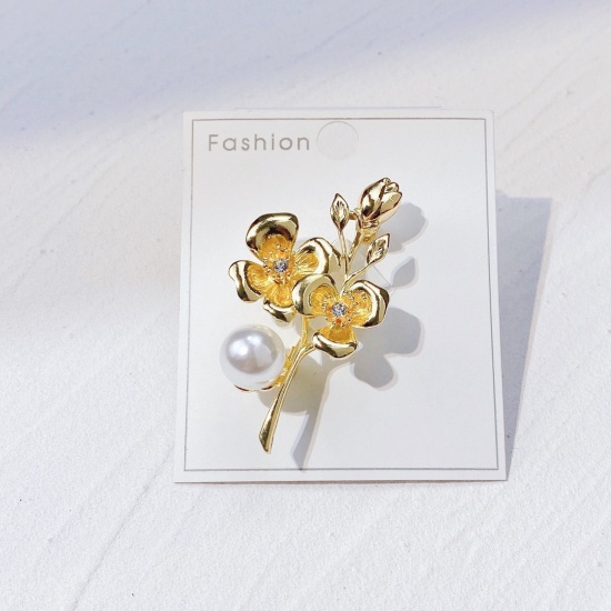 Picture of Exquisite Pin Brooches Flower Leaves Gold Plated Imitation Pearl 5.4cm x 2.9cm, 1 Piece