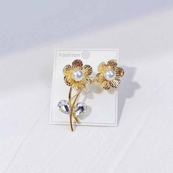 Picture of Exquisite Pin Brooches Flower Leaves Gold Plated Imitation Pearl 6.2cm x 5.4cm, 1 Piece