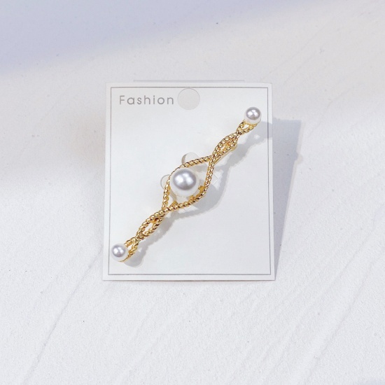Picture of Exquisite Pin Brooches Braided Gold Plated Imitation Pearl 7cm x 1.4cm, 1 Piece