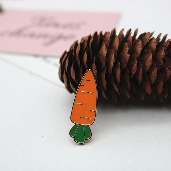 Picture of Cute Pin Brooches Carrot Gold Plated Green & Orange Enamel 2cm, 1 Piece