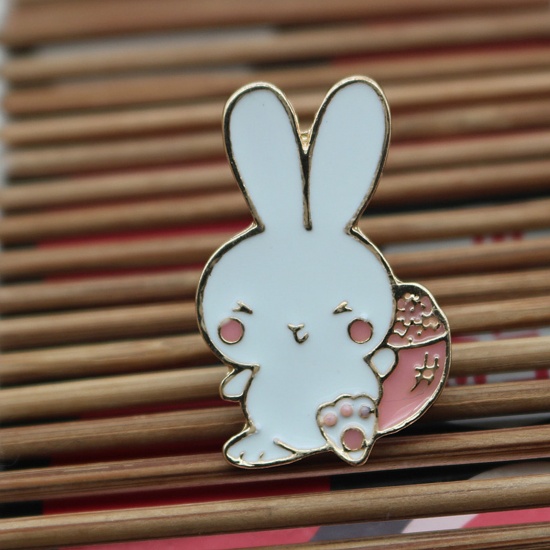 Picture of Stylish Pin Brooches Rabbit Animal White Enamel 22mm x 12mm, 1 Piece