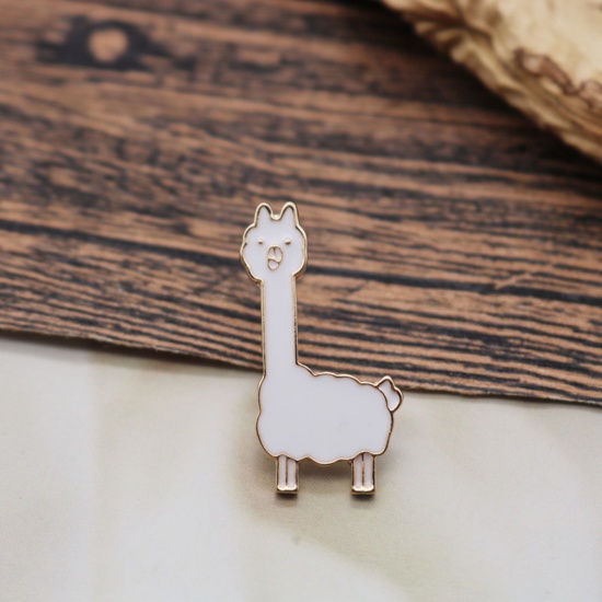 Picture of Cute Pin Brooches Alpaca Animal White Enamel 3cm, 1 Piece