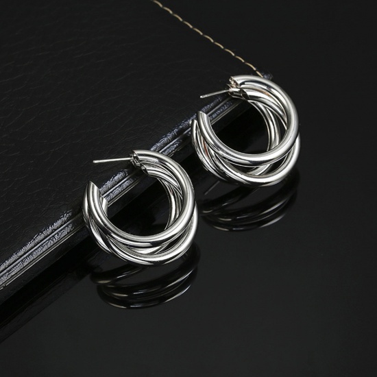 Picture of Simple Hoop Earrings Silver Tone C Shape 3.1cm x 2.9cm, 1 Pair