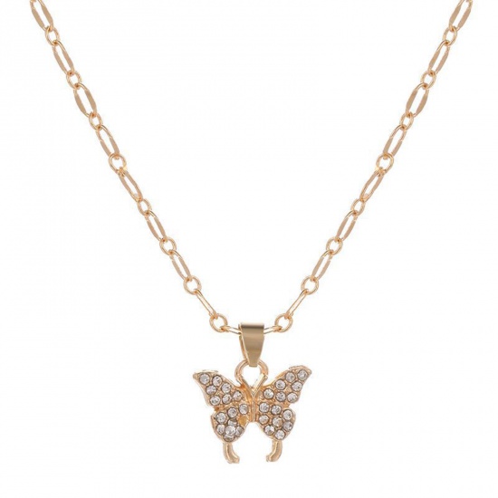 Immagine di Insetto Collana con Ciondolo Oro Placcato Farfalla Trasparente Strass Micro Spianare 49cm Lunghezza, 1 Pz