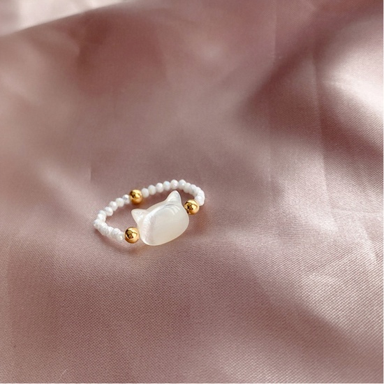 Picture of Shell Cute Elastic Stretch Rings White Beaded Cat Animal 20mm(US Size 10.25), 1 Piece