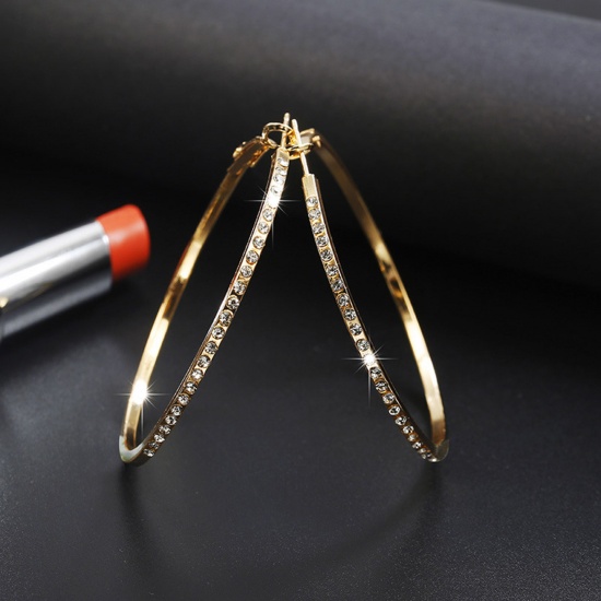 Picture of Simple Hoop Earrings Gold Plated Micro Pave Circle Ring Clear Rhinestone 5.6cm Dia, 1 Pair