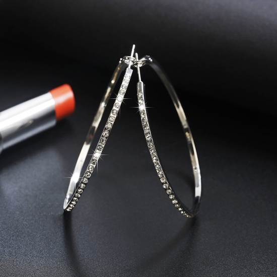 Picture of Simple Hoop Earrings Silver Tone Micro Pave Circle Ring Clear Rhinestone 5.6cm Dia, 1 Pair