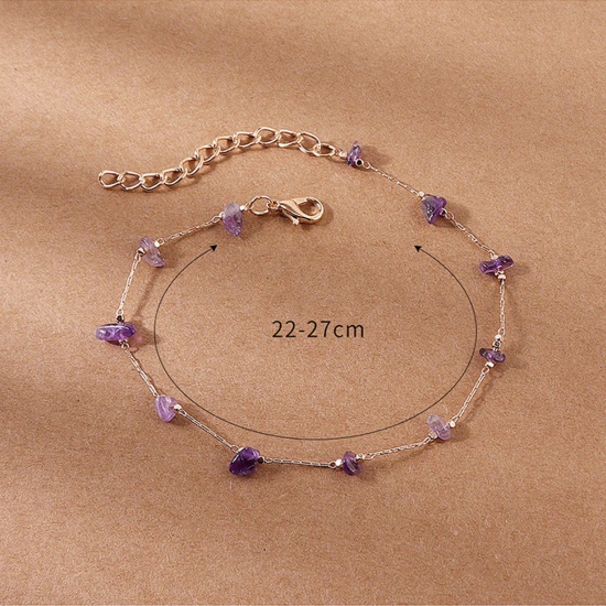 Picture of Crystal Boho Chic Bohemia Beaded Anklet Gold Plated Purple Chip Beads 22cm - 27cm long, 1 Piece