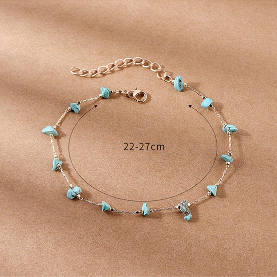 Picture of Turquoise Boho Chic Bohemia Beaded Anklet Gold Plated Blue Chip Beads 22cm - 27cm long, 1 Piece