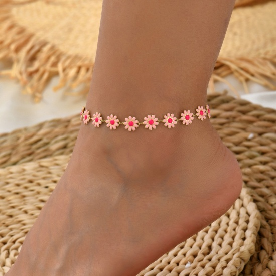 Picture of Stylish Beaded Anklet Pink Daisy Flower Enamel 21cm(8 2/8") long, 1 Piece