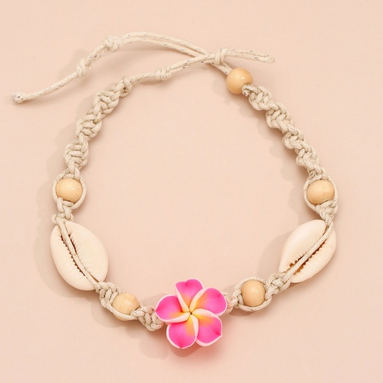 Picture of Shell Boho Chic Bohemia Braided Anklet Pink Flower 32cm(12 5/8") long, 1 Piece