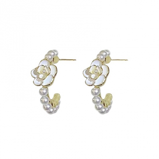 Picture of Retro Non Piercing Fake Clip On Hoop Earrings Gold Plated White Imitation Pearl Flower 2cm Dia, 1 Pair