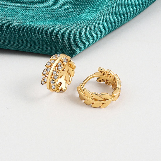 Picture of Copper Stylish Hoop Earrings Gold Plated Leaf Clear Rhinestone 1.1cm, 1 Pair