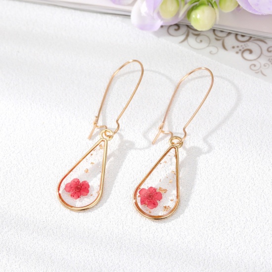 Picture of Handmade Resin Jewelry Real Flower Earrings Gold Plated Red Drop Flower 5.6cm x 1.4cm, 1 Pair