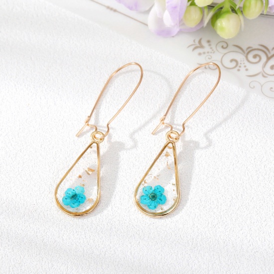Picture of Handmade Resin Jewelry Real Flower Earrings Gold Plated Blue Drop Flower 5.6cm x 1.4cm, 1 Pair