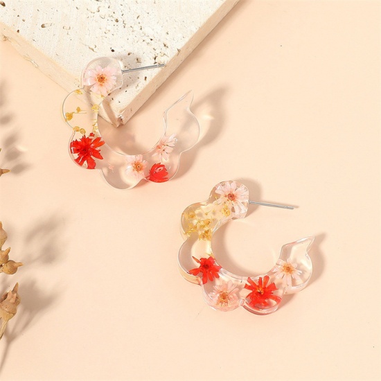 Picture of Handmade Resin Jewelry Real Flower Hoop Earrings Red C Shape Flower 3.6cm x 3.5cm, 1 Pair