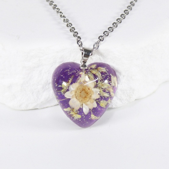 Picture of Stainless Steel Handmade Resin Jewelry Real Flower Pendant Necklace Silver Tone Purple Heart Flower 45cm(17 6/8") long, 1 Piece